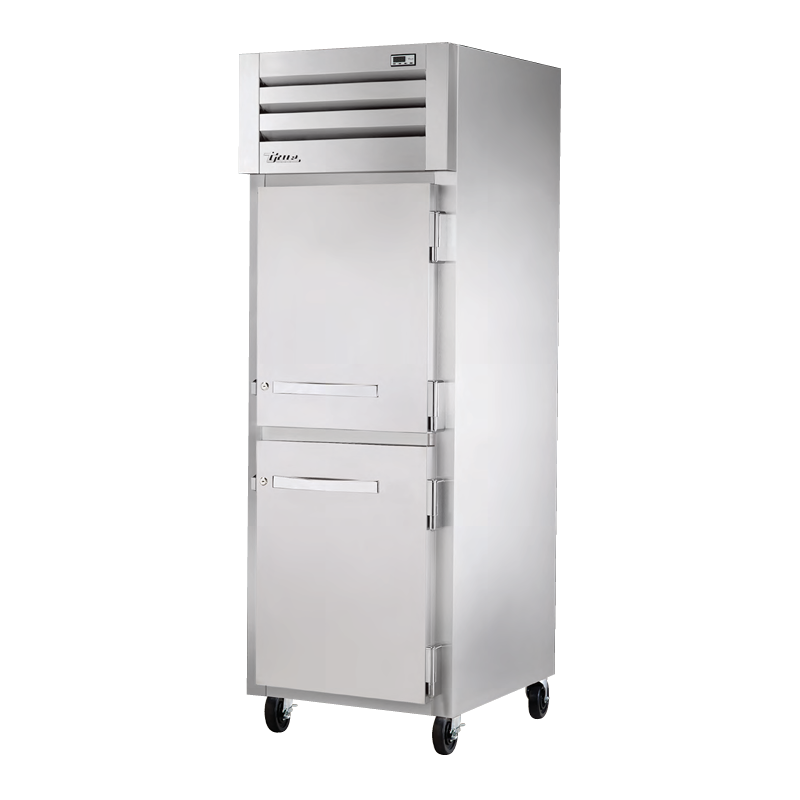 Stainless steel True Refrigeration STR1R-2HS-HC Spec Series commercial refrigerator on wheels