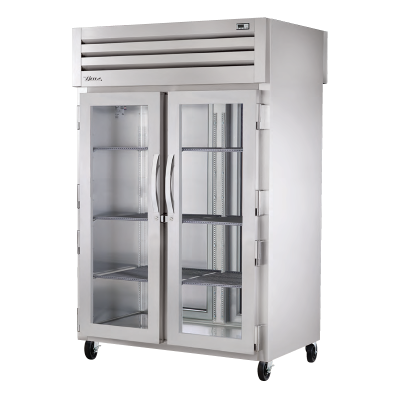 Commercial stainless steel refrigerator STR2RPT-2G-2S-HC with glass doors and adjustable shelving