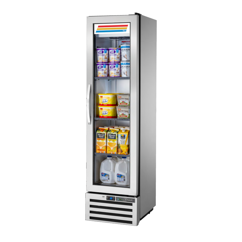 Glass door True Refrigeration T-11G-HC~FGD01 stocked with beverages and dairy products