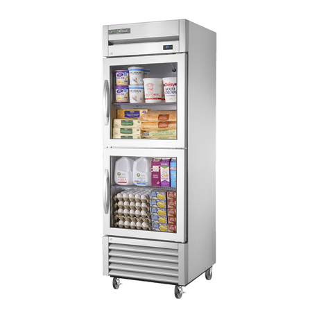 True Refrigeration T-23G-2-HC~FGD01 stainless steel commercial refrigerator displaying dairy products