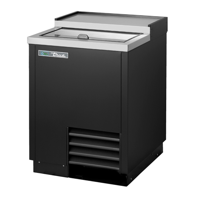 Commercial black bottle cooler with stainless steel lid for True Refrigeration plate chiller froster