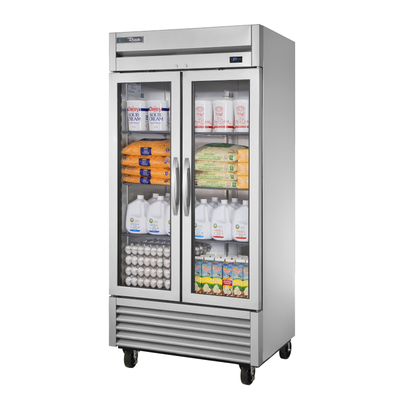 Double-door True Refrigeration T-35G-HC~FGD01 with glass doors, stainless steel finish