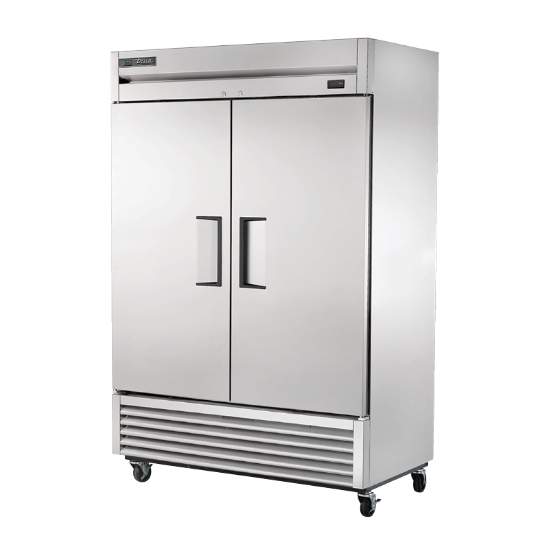 Stainless steel True Refrigeration T-49F-HC double-door refrigerator on wheels