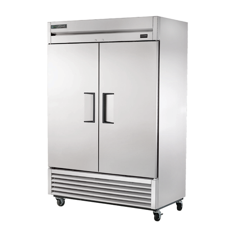 Stainless steel True Refrigeration T-49F-HC double-door refrigerator on wheels