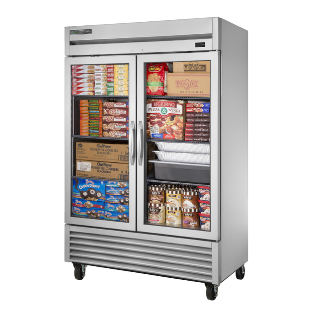 Commercial True Refrigeration T-49FG-HC~FGD01 stainless steel double-door freezer with frozen foods