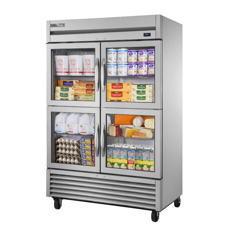 Commercial refrigerator T-49G-4-HC~FGD01 by True Refrigeration in stainless steel displaying beverages