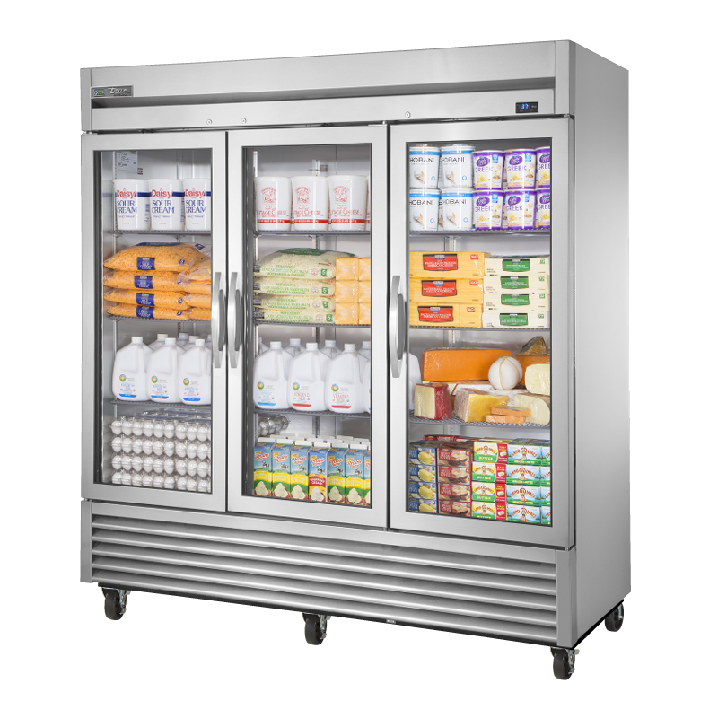 Three-door True Refrigeration T-72G-HC~FGD01 with glass doors, stainless steel design, and stocked dairy