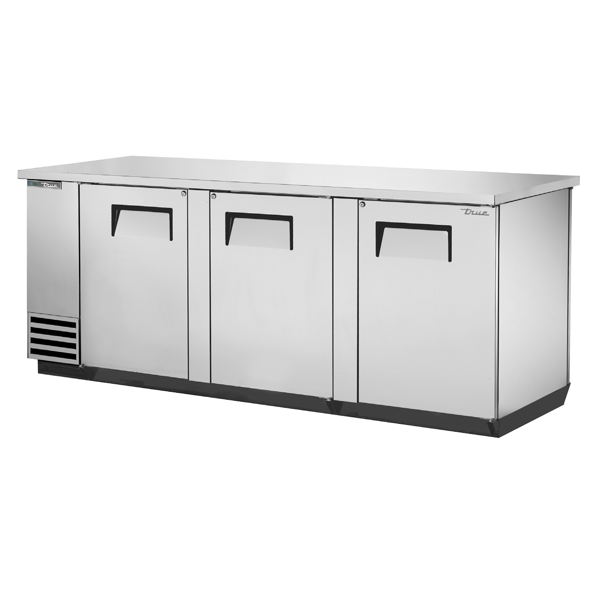 Stainless steel True Refrigeration TBB-4PT-S back bar cooler with three doors