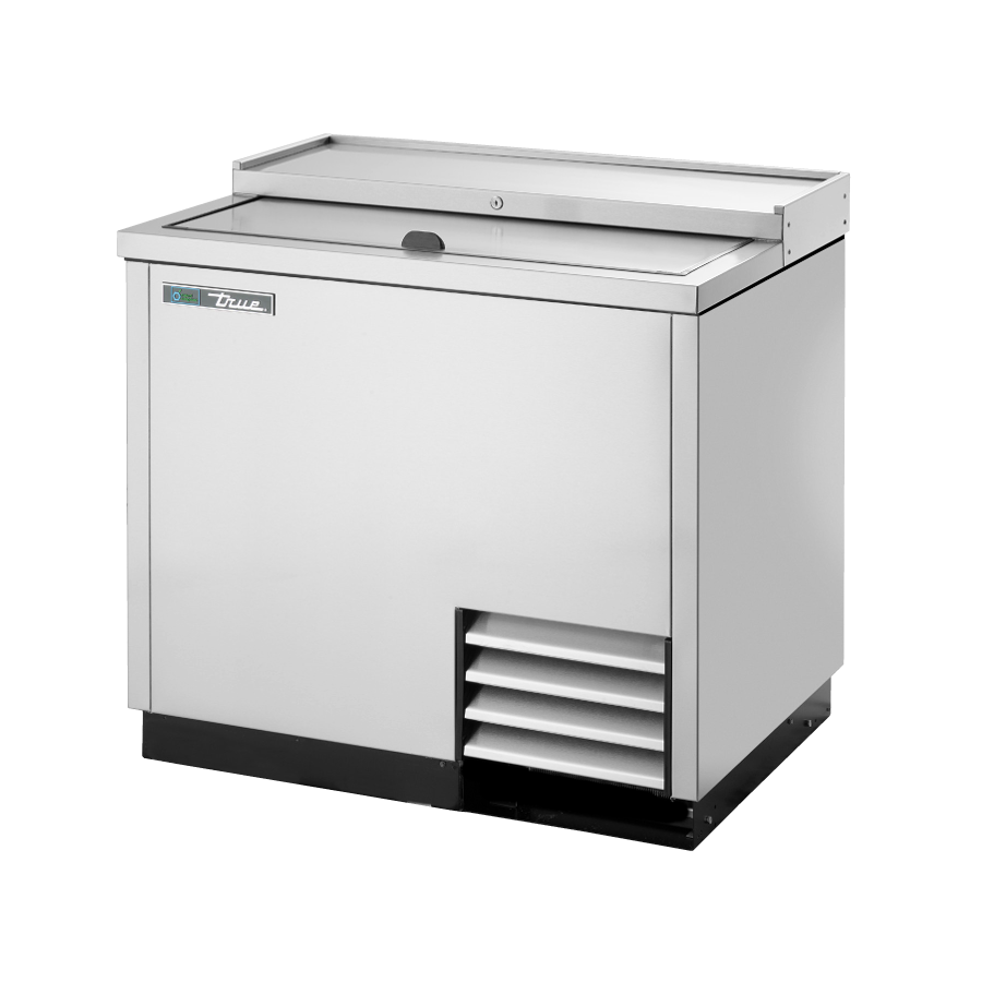 Stainless steel True Refrigeration bottle cooler with vented front panel for efficient storage