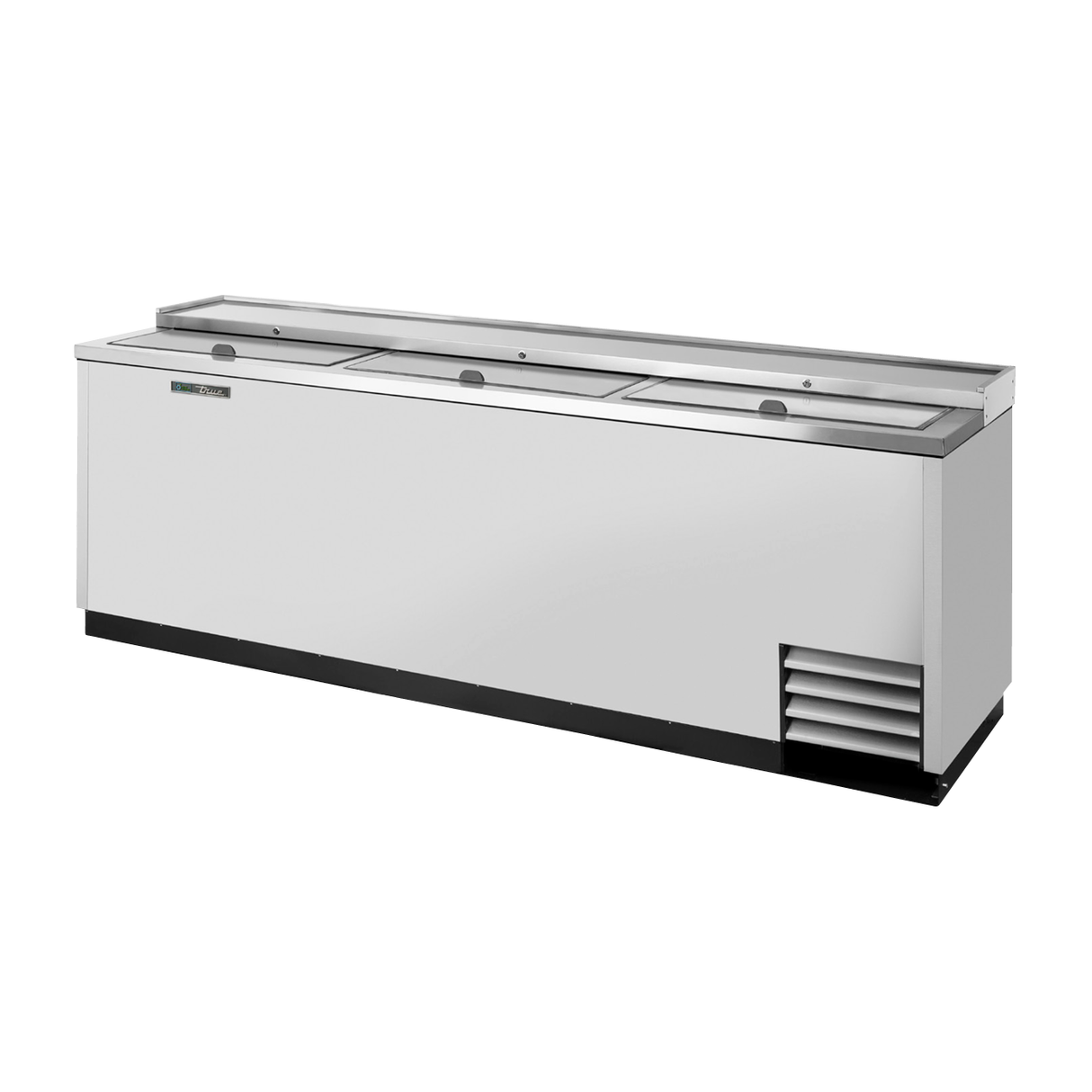 Commercial stainless steel bottle cooler with sliding top doors by True Refrigeration