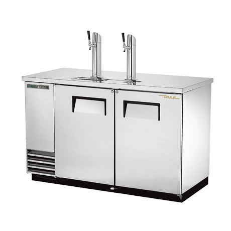 Stainless steel draft beer cooler True Refrigeration TDD-2-S-HC with dual taps and doors