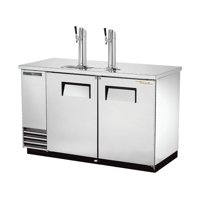 Stainless steel draft beer cooler True Refrigeration TDD-2-S-HC with dual taps and doors