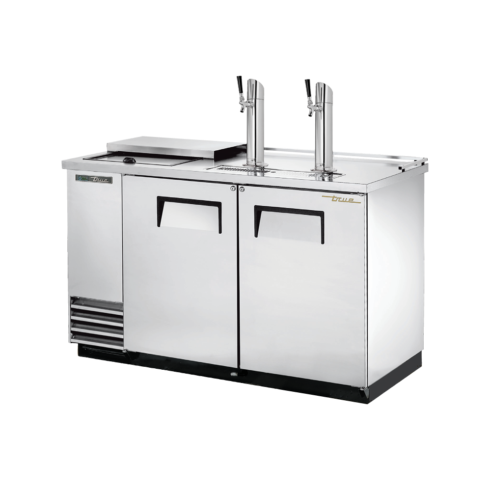 Stainless steel draft beer cooler with two taps and doors for efficient keg storage