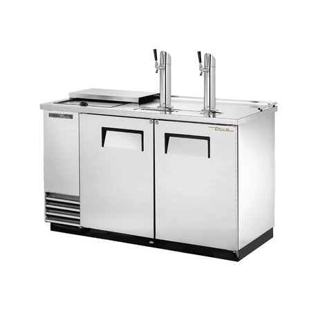 Stainless steel draft beer cooler with two taps and doors for efficient keg storage