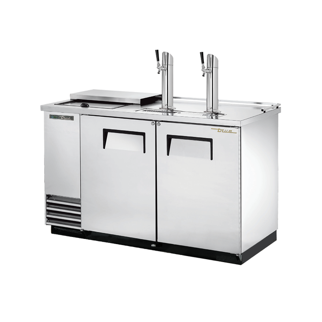 Stainless steel draft beer cooler with two taps and doors for efficient keg storage