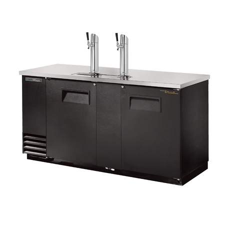 Black commercial beer dispenser with dual taps for True Refrigeration draft beer cooler