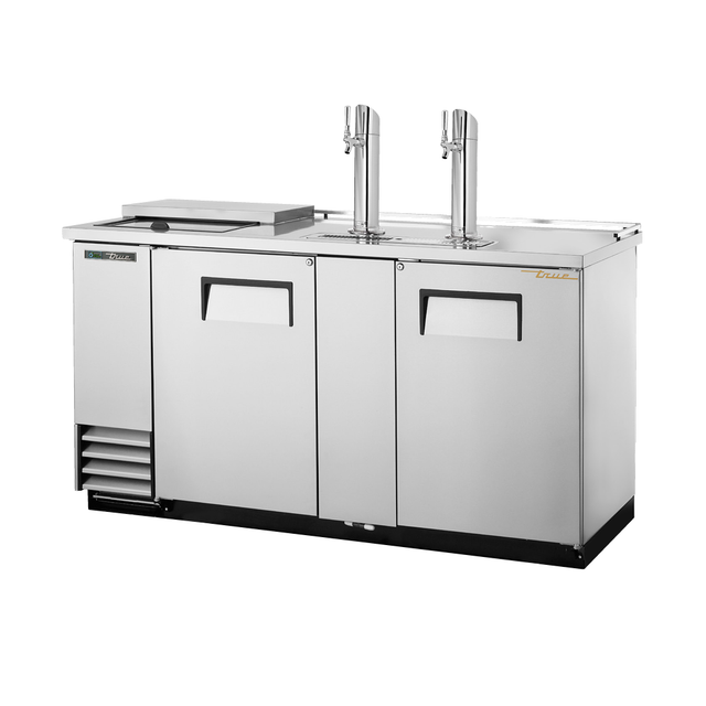 Stainless steel draft beer cooler with two taps and refrigerated storage for kegs