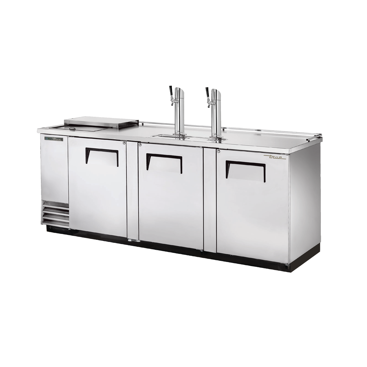 Stainless steel draft beer cooler with three doors and dual tap towers for optimal service
