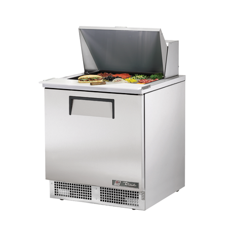 Stainless steel True Refrigeration sandwich salad unit with open lid displaying ingredients