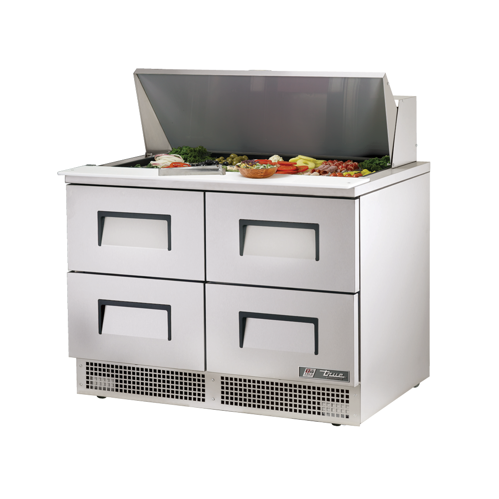 Stainless steel refrigerated prep table with drawers in True Refrigeration Sandwich Salad Unit