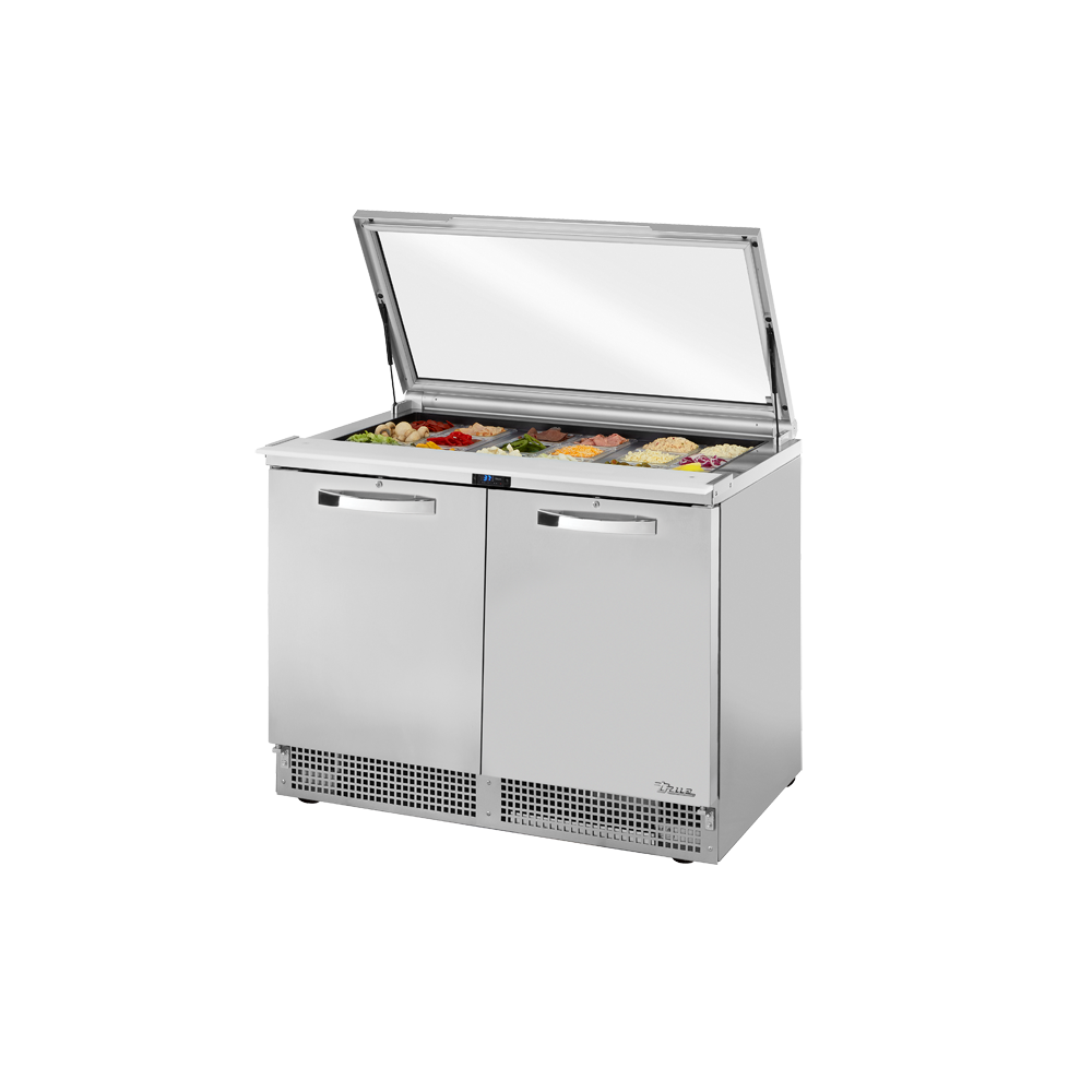 Stainless steel True Refrigeration TFP-48-18M-FGLID Sandwich Salad Unit with hinged lid
