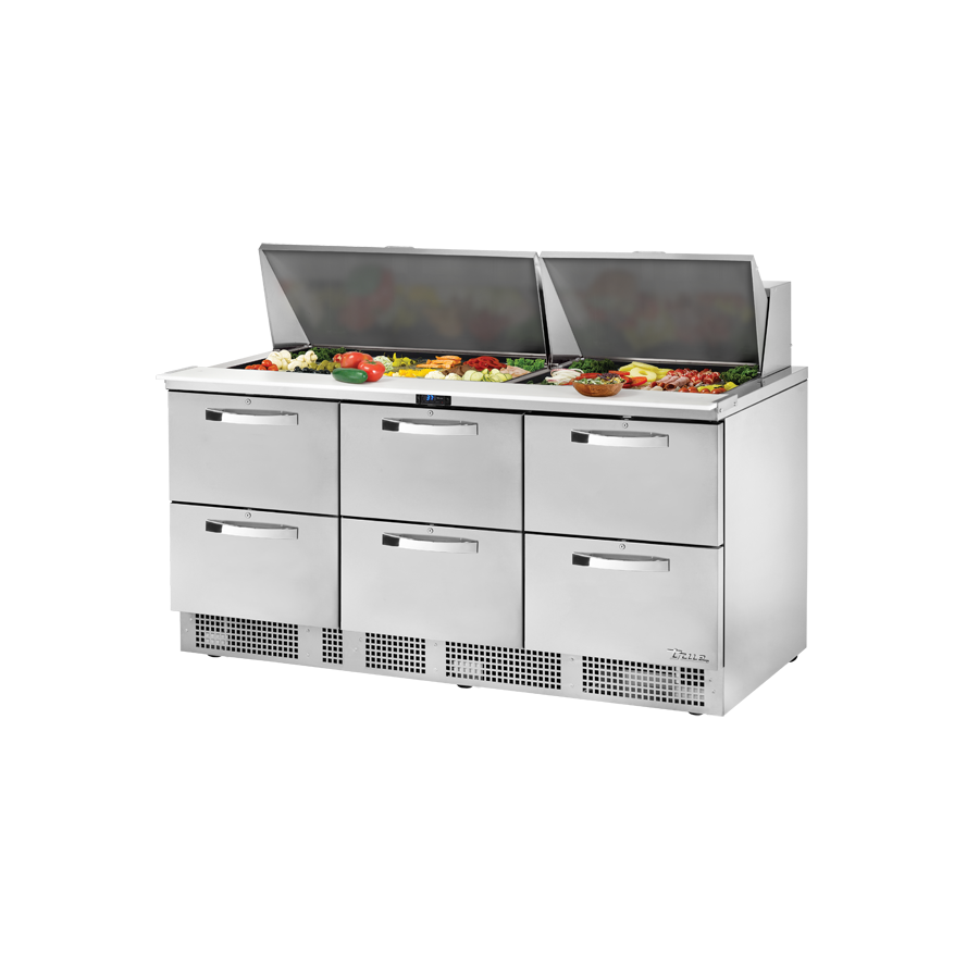 Commercial refrigerated prep table with six drawers in stainless steel for sandwich salad unit
