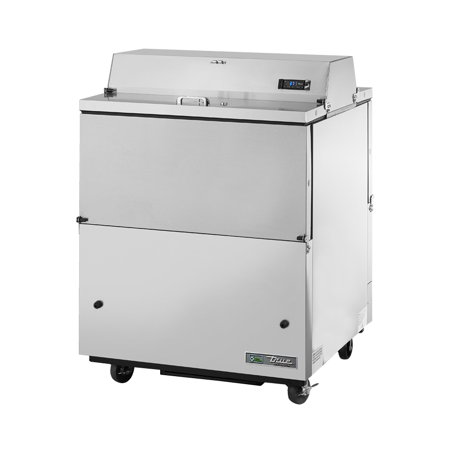 Stainless steel mobile milk cooler on wheels with hinged lid for efficient storage