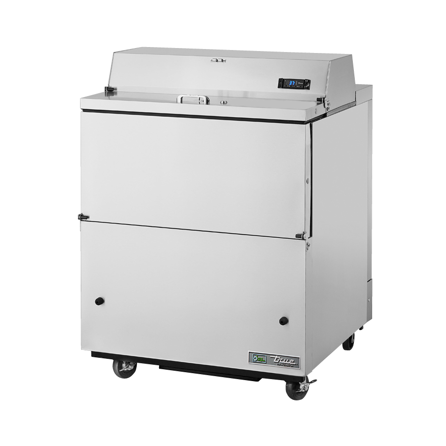 Mobile milk cooler on wheels with hinged lid, True Refrigeration TMC-34-S-SS-HC model