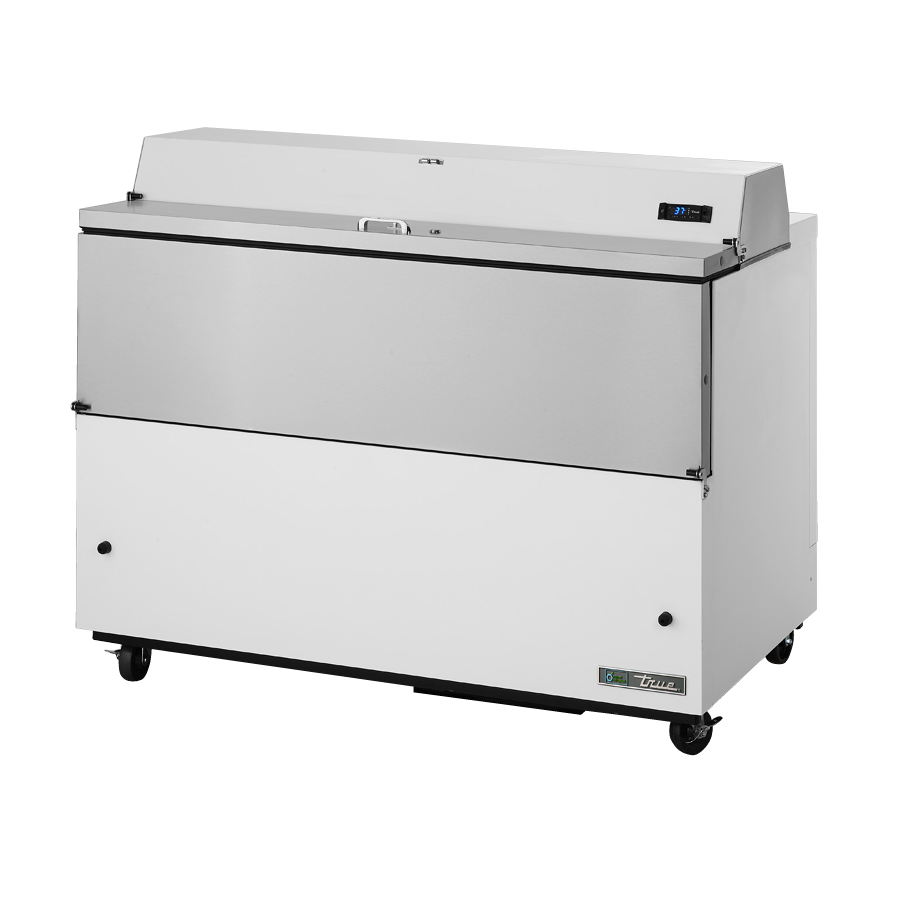 Stainless steel mobile milk cooler on wheels with lift-up lid for efficient storage