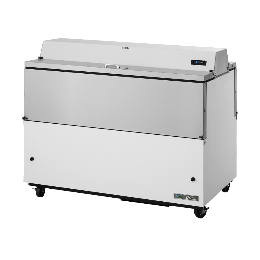 Stainless steel mobile milk cooler on wheels with hinged lid by True Refrigeration