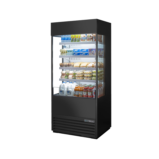 Commercial refrigerated display case with air curtain showcasing beverages and food items