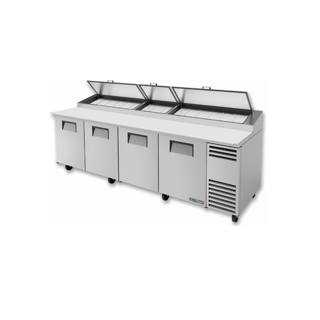 Commercial stainless steel pizza prep table with refrigerated topping compartments and doors