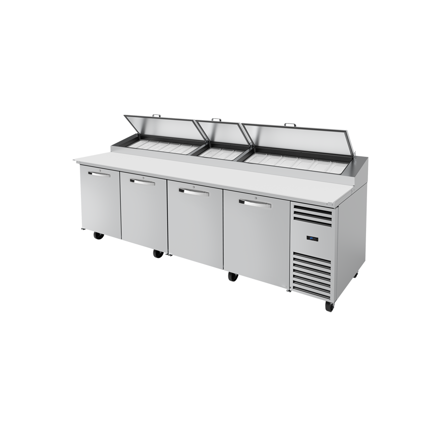 Commercial stainless steel pizza prep table with refrigerated storage and stainless steel cover