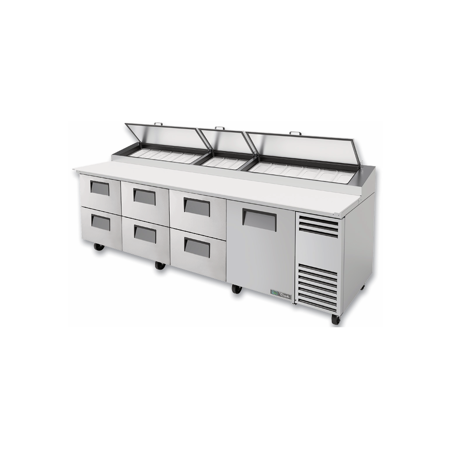 True Refrigeration TPP-AT-119D-6-HC Pizza Prep table with stainless steel pan rail and drawers