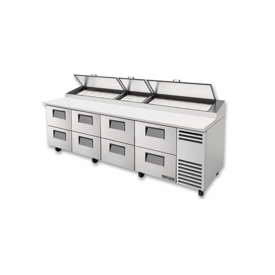 Commercial stainless steel pizza prep table with drawers and hinged lid, True Refrigeration TPP-AT-119D-8-HC