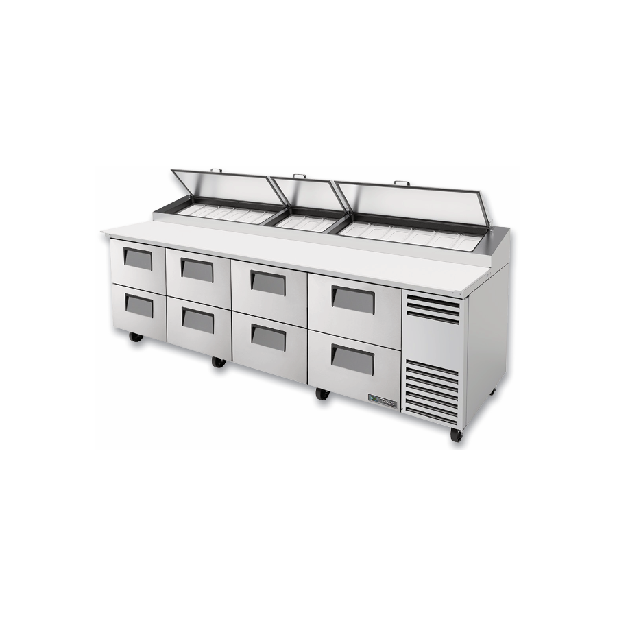 Commercial Stainless Steel Pizza Prep Table with Drawers and Hinged Lid by True Refrigeration