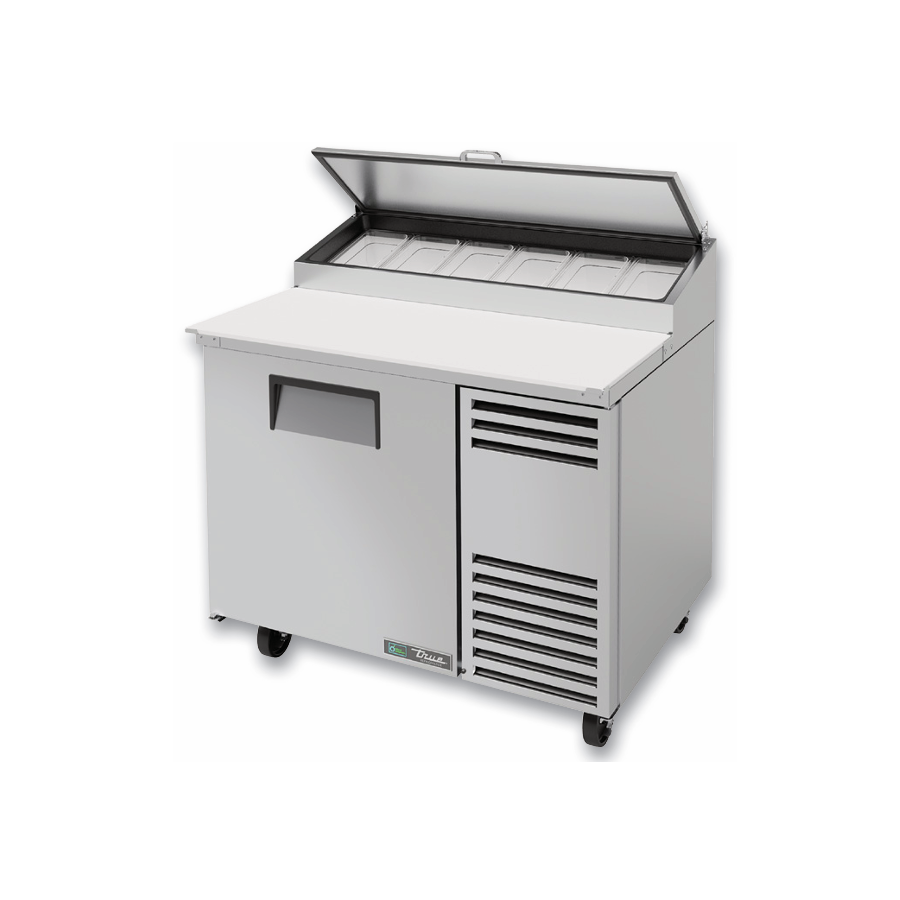 Commercial Refrigerated Pizza Prep Table with Stainless Steel Cover and Storage Compartment