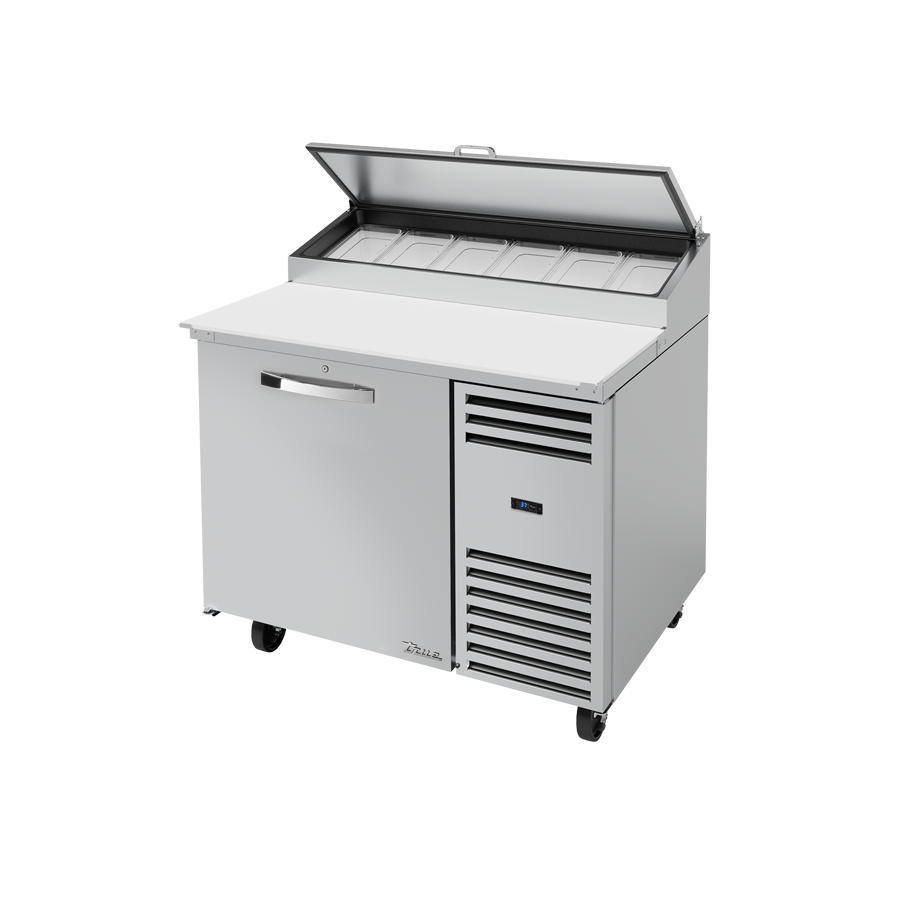 Stainless steel commercial pizza prep table with hinged lid and stainless steel cover