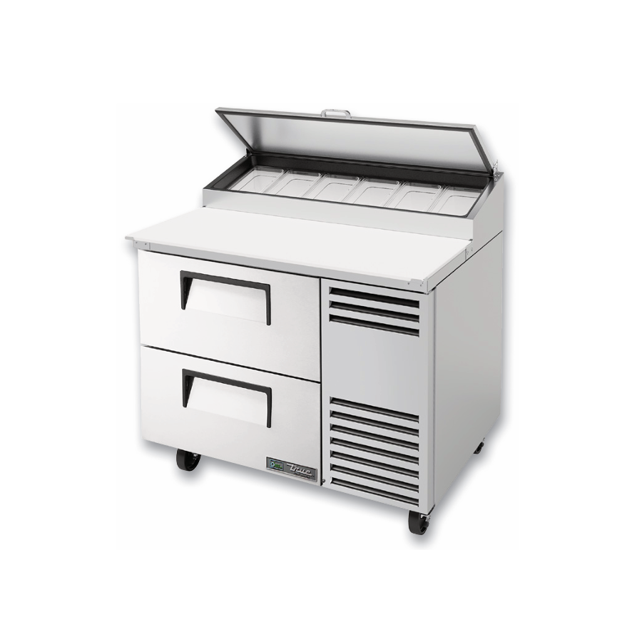 Commercial stainless steel True Refrigeration Pizza Prep Table with hinged lid and drawers