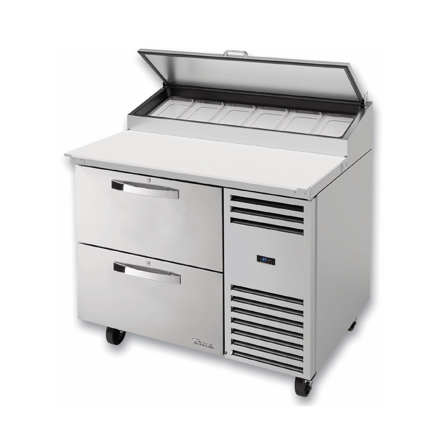 Commercial Stainless Steel True Refrigeration Pizza Prep Table with Two Drawers and Hinged Lid