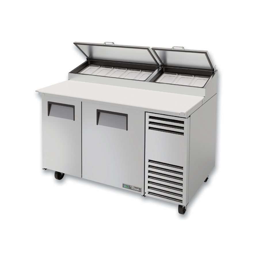 Commercial stainless steel pizza prep refrigerator with hinged compartments and stainless steel cover