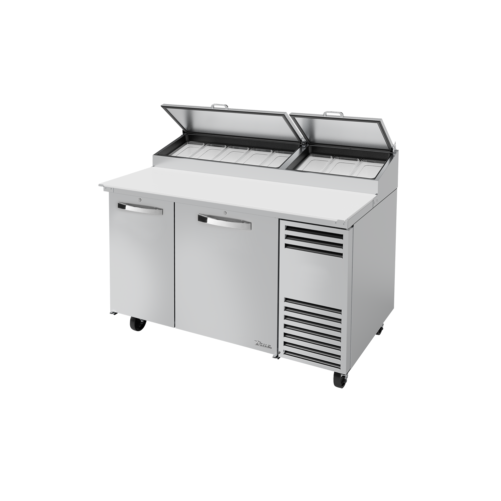Stainless steel commercial pizza prep table with refrigerated compartments and cover