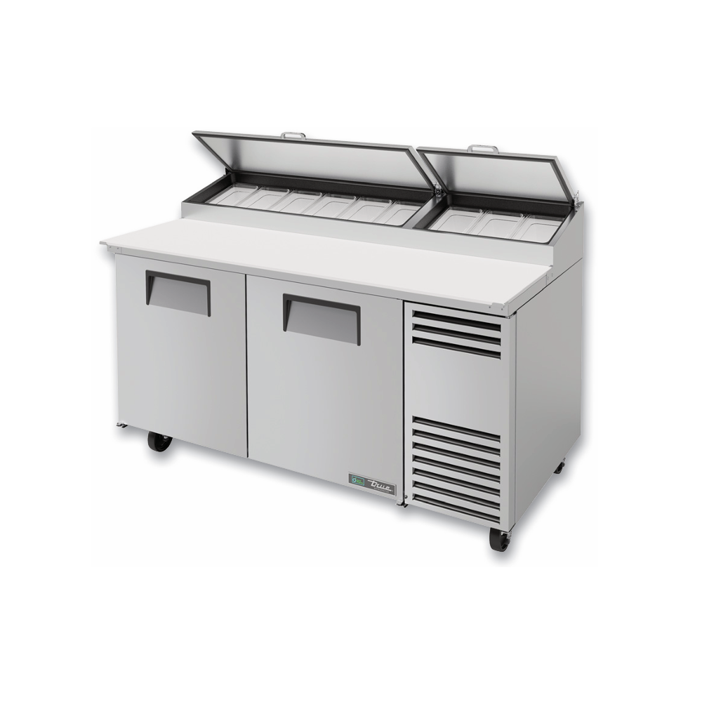 Commercial refrigerated pizza prep table with stainless steel cover and hinged lid