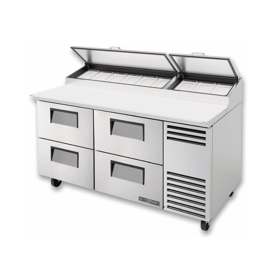 Stainless steel commercial pizza prep table with four drawers and hinged lid for True Refrigeration