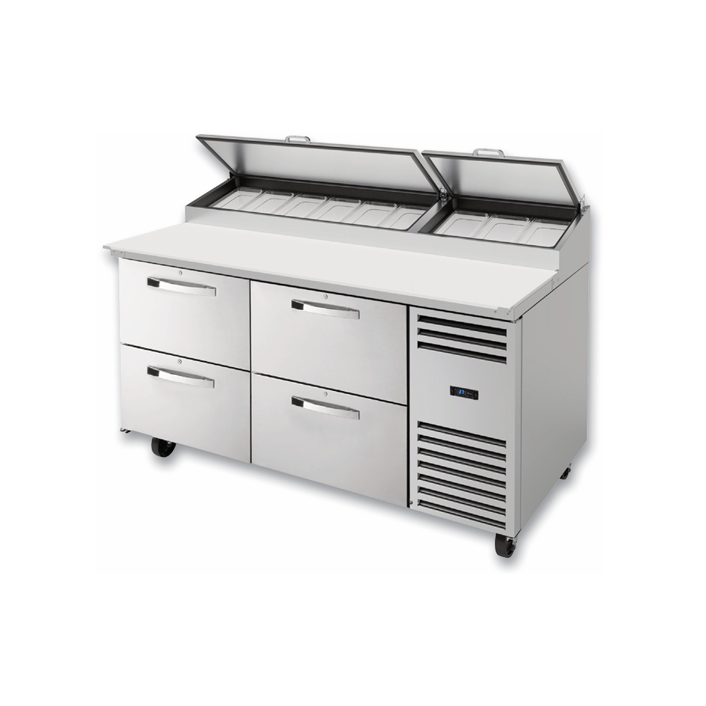 Stainless steel True Refrigeration Pizza Prep table with refrigerated drawers and compartments