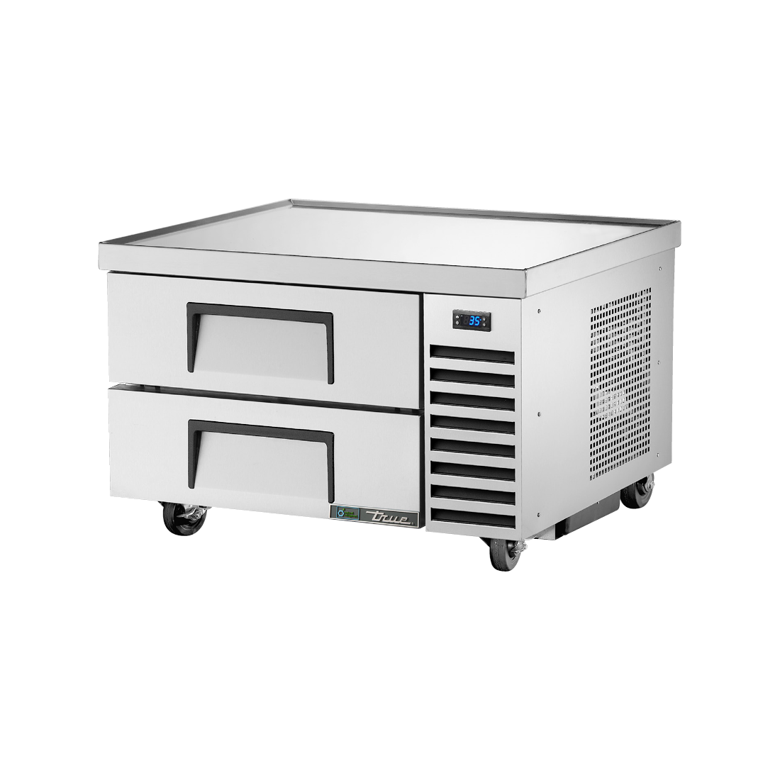 Stainless steel refrigerated chef base on wheels with two drawers for food storage