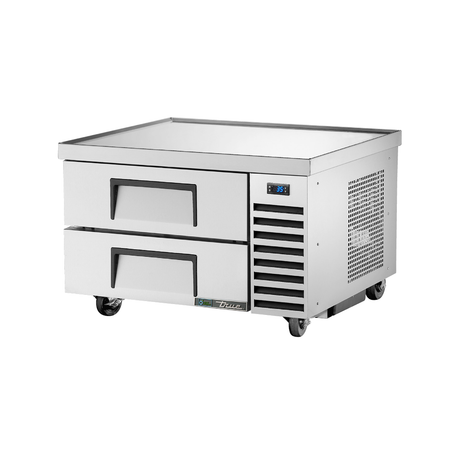 Stainless steel refrigerated chef base on wheels with two drawers for food storage