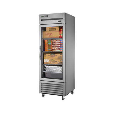 Stainless steel True Refrigeration TS-23FG-HC~FGD01 freezer with glass door showcasing frozen foods