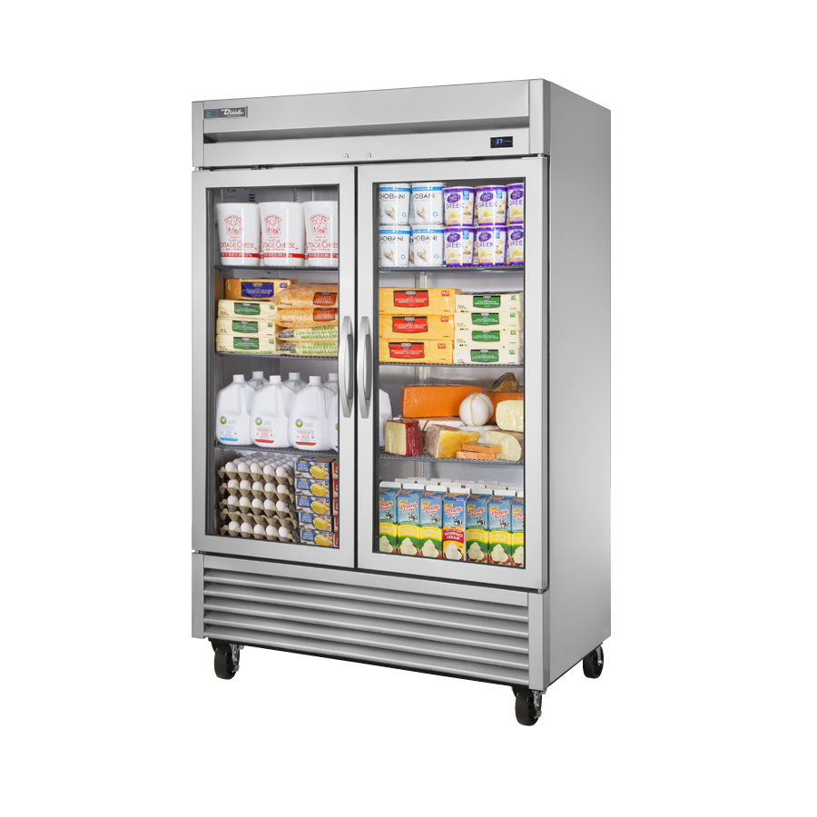 Commercial double-door True Refrigeration glass refrigerator with dairy products and stainless steel