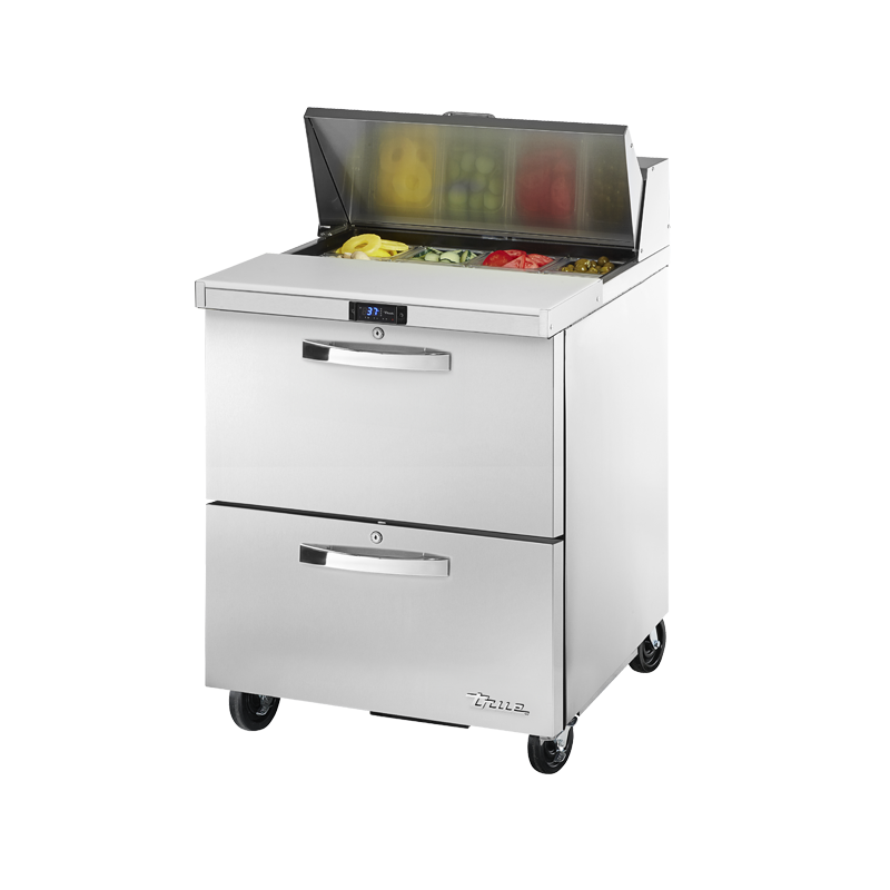 Stainless steel refrigerated prep table from True Refrigeration TSSU-27-08D-2-HC for sandwich salad